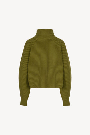 Olive Green Pure Cashmere 8-Ply English Rib Knit Turtleneck Sweater