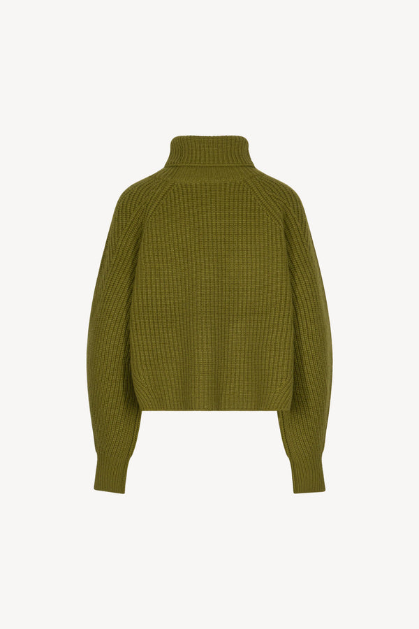 Olive Green Pure Cashmere 8-Ply English Rib Knit Turtleneck Sweater