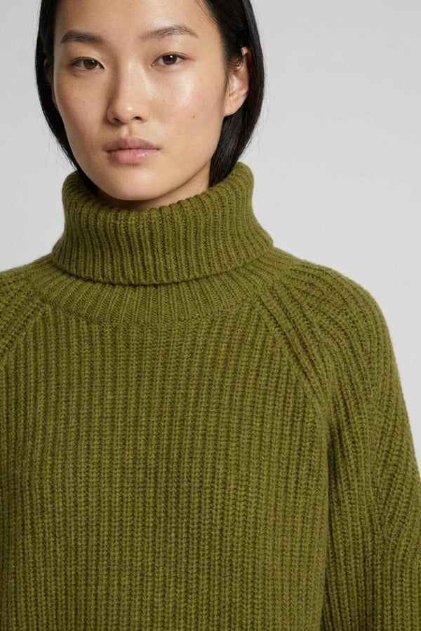Olive Green Pure Cashmere 8-Ply English Rib Knit Turtleneck Sweater