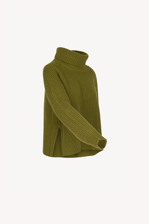 Olive Green Pure Cashmere 8-Ply English Rib Knit Turtleneck Sweater