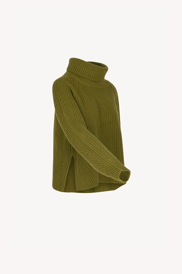 Olive Green Pure Cashmere 8-Ply English Rib Knit Turtleneck Sweater
