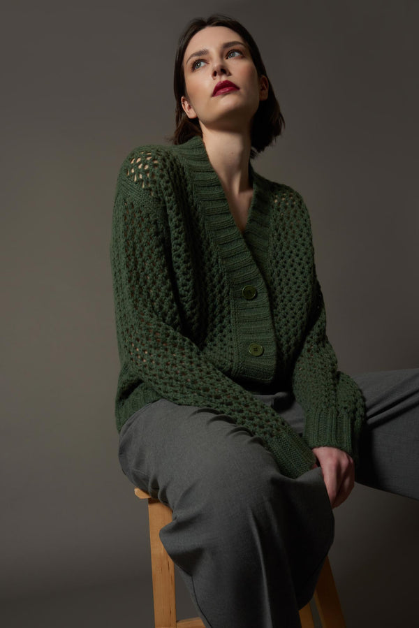 Cardigan in Punto Rete in Puro Cashmere Loden
