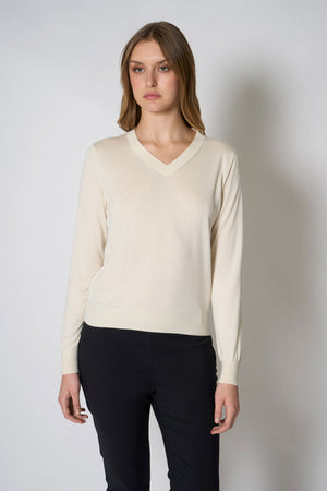 Maglia Scollo a V in Seta Cashmere Extrafine Avorio