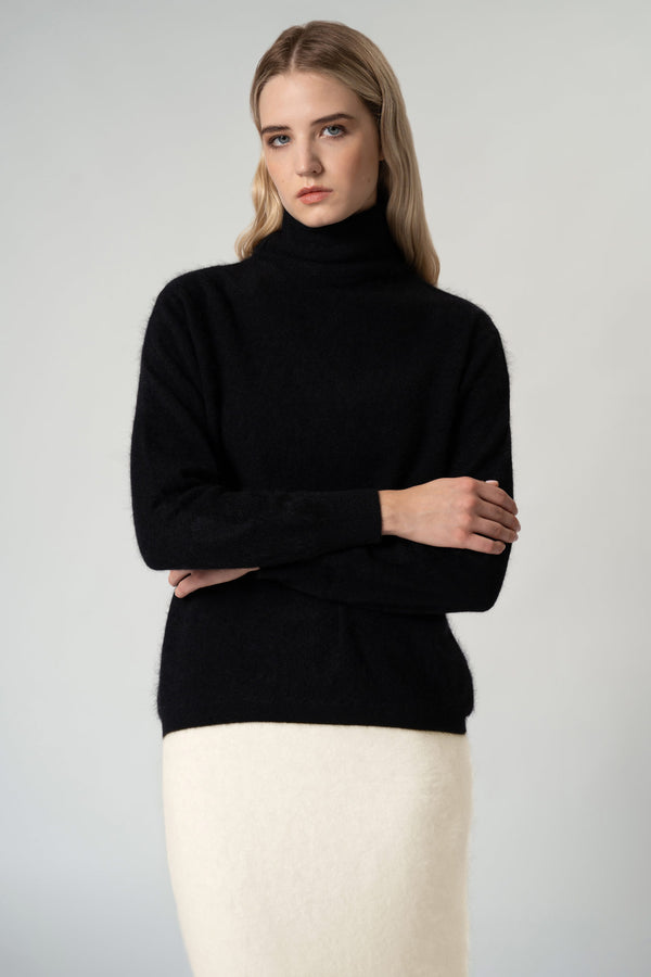 Maglia a Collo Alto in Puro Cashmere Spazzolato Nero