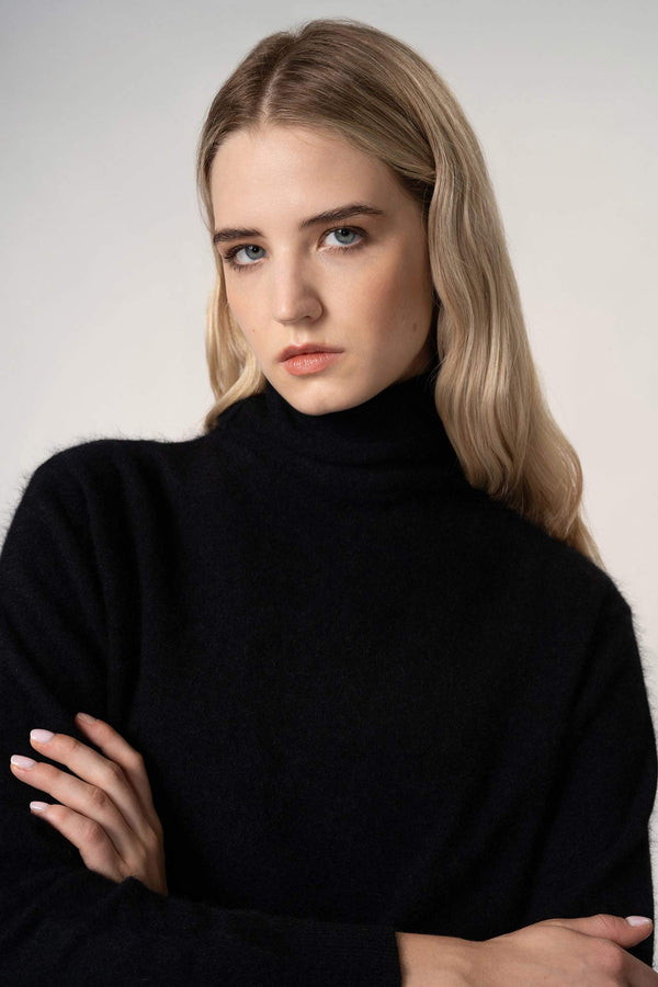 Maglia a Collo Alto in Puro Cashmere Spazzolato Nero
