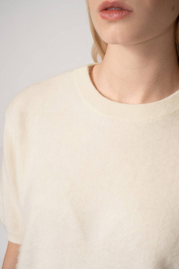 Girocollo Mezza Manica in Puro Cashmere Spazzolato Latte