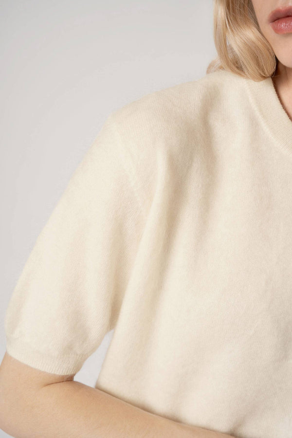 Girocollo Mezza Manica in Puro Cashmere Spazzolato Latte