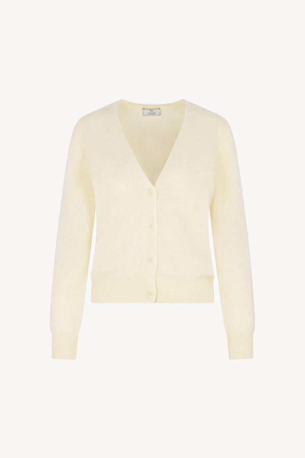 Cardigan Scollo a V in Puro Cashmere Spazzolato Latte