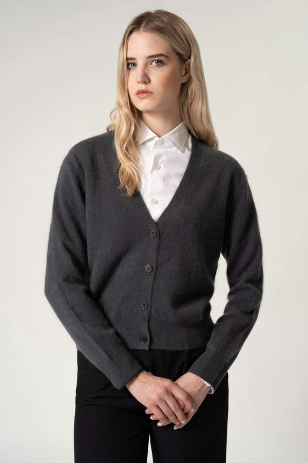 Cardigan Scollo a V in Puro Cashmere Spazzolato Latte