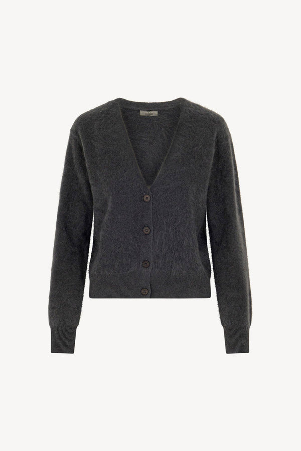 Cardigan Scollo a V in Puro Cashmere Spazzolato Ardesia