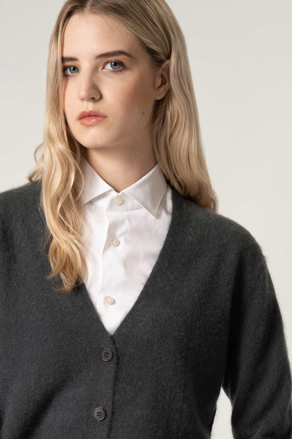 Cardigan Scollo a V in Puro Cashmere Spazzolato Ardesia