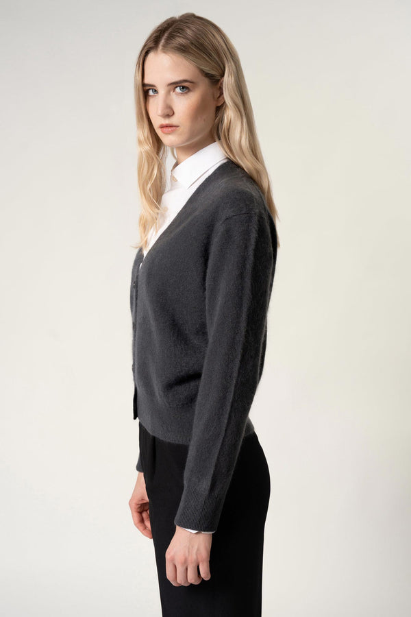 Cardigan Scollo a V in Puro Cashmere Spazzolato Ardesia