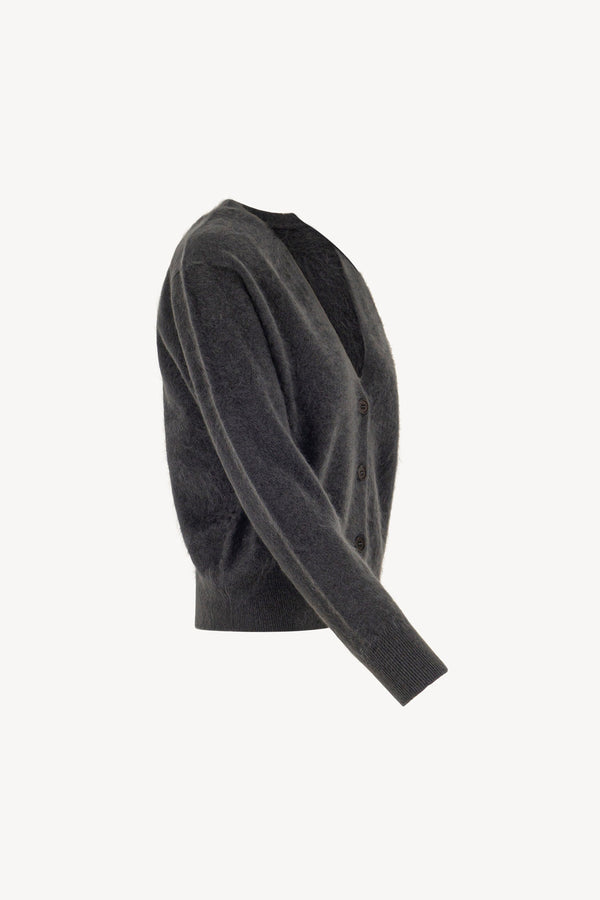 Cardigan Scollo a V in Puro Cashmere Spazzolato Ardesia
