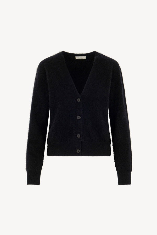 Cardigan Scollo a V in Puro Cashmere Spazzolato Nero