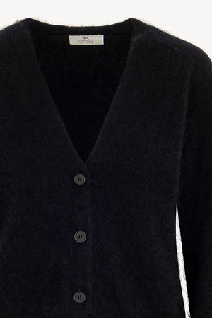 Cardigan Scollo a V in Puro Cashmere Spazzolato Nero