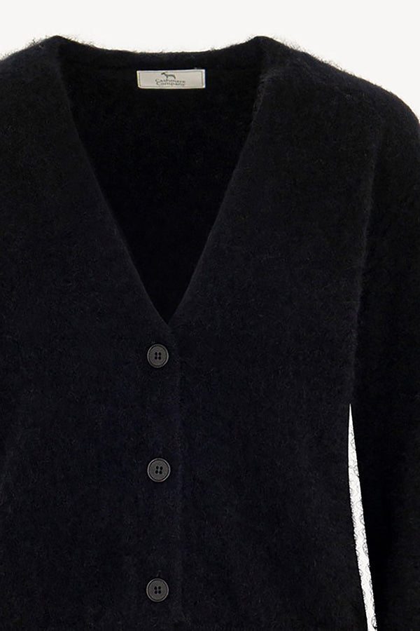 Cardigan Scollo a V in Puro Cashmere Spazzolato Nero