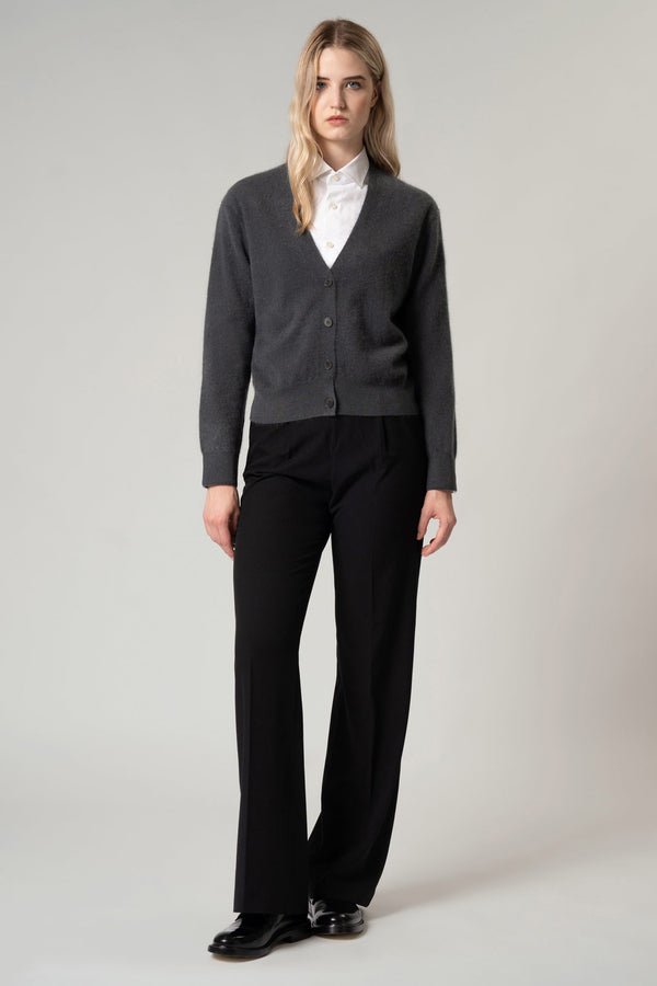 Cardigan Scollo a V in Puro Cashmere Spazzolato Nero