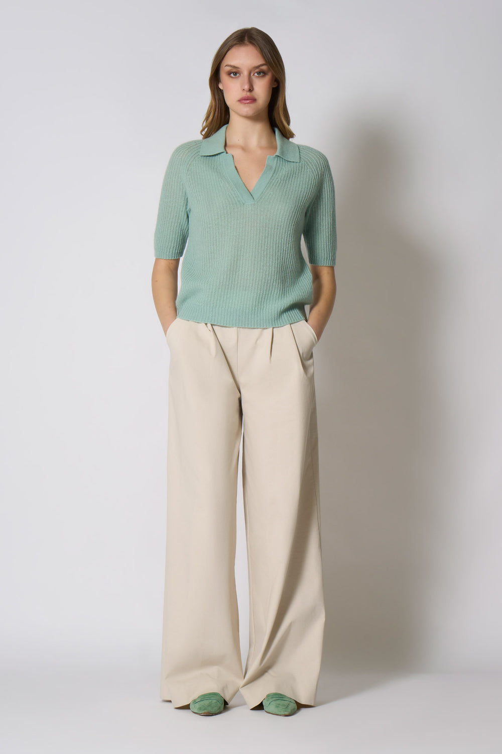 Polo a Costa Inglese in Puro Cashmere Verde Giada