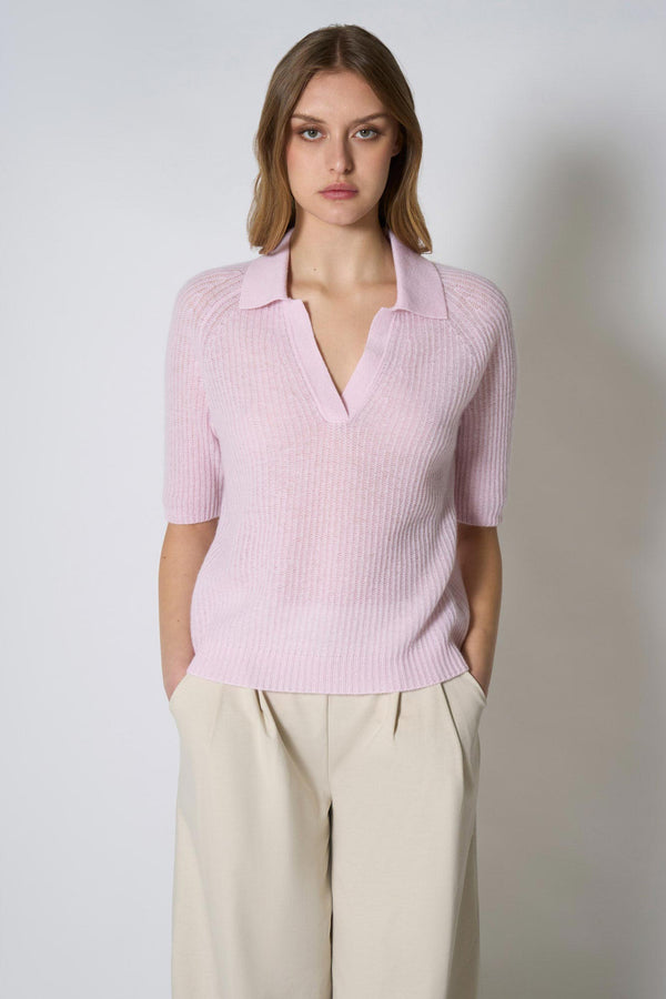 Polo a Costa Inglese in Puro Cashmere Rosa