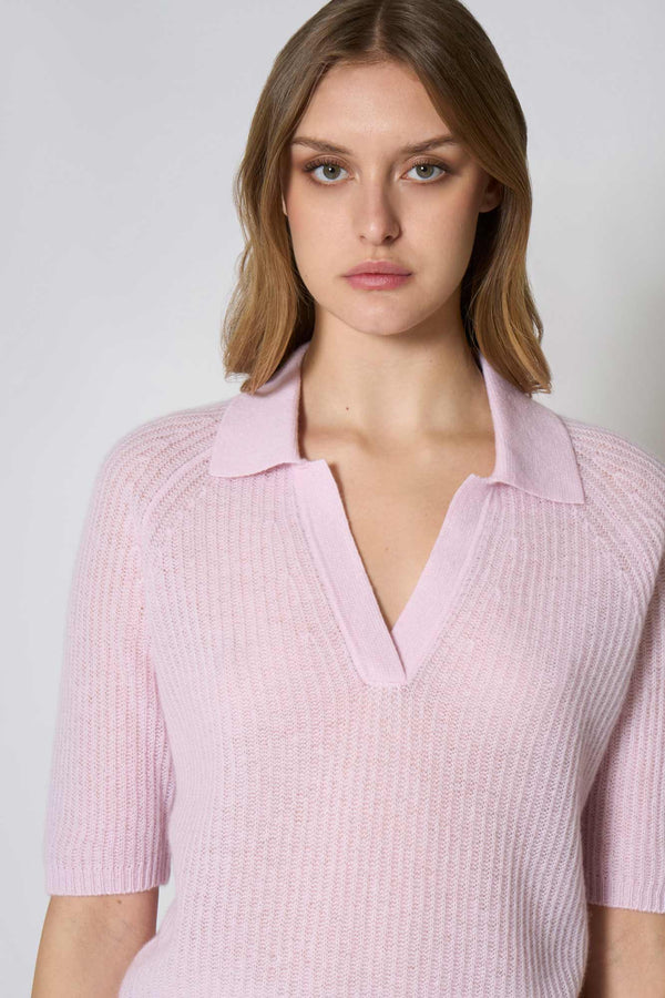 Polo a Costa Inglese in Puro Cashmere Rosa
