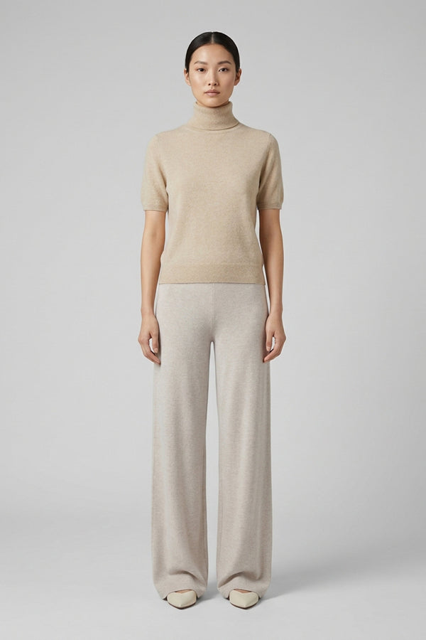 Beige Pure Cashmere Turtleneck Short-sleeve Sweater