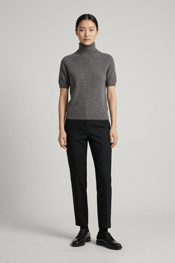 Medium Grey Pure Cashmere Turtleneck Short-sleeve Sweater