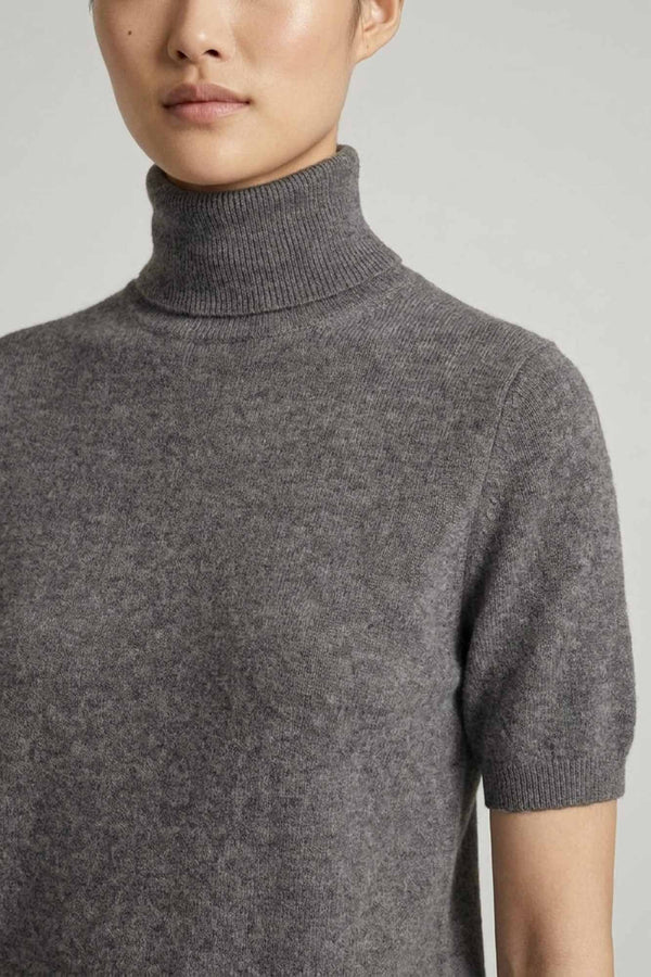 Medium Grey Pure Cashmere Turtleneck Short-sleeve Sweater