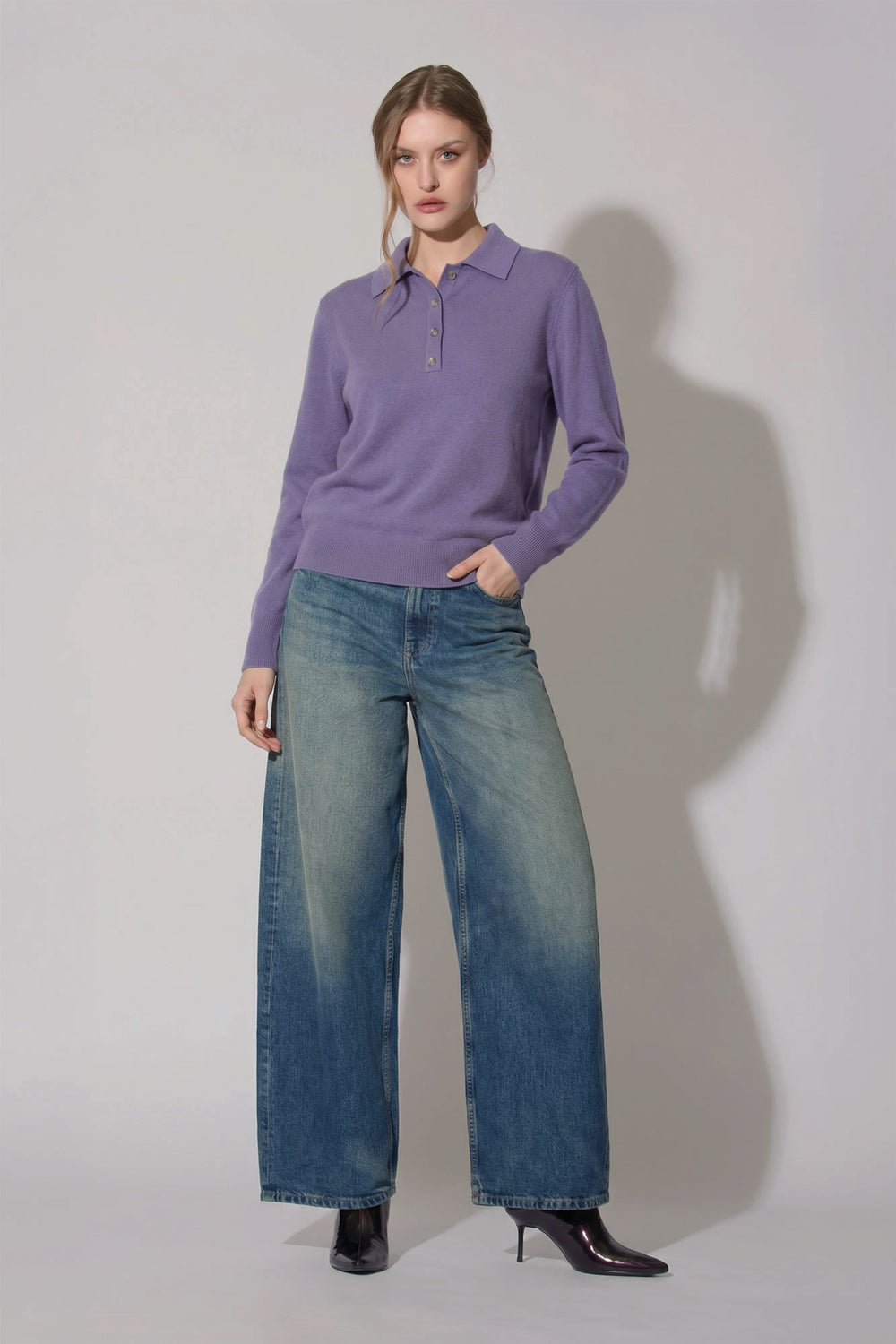 Polo in Maglia Rasata in Puro Cashmere Malva