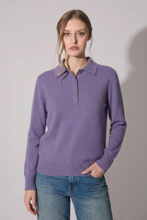 Polo in Maglia Rasata in Puro Cashmere Malva