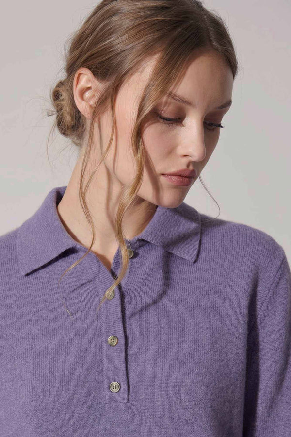 Polo in Maglia Rasata in Puro Cashmere Malva