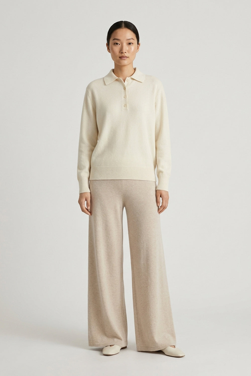 Polo in Maglia Rasata in Puro Cashmere Latte