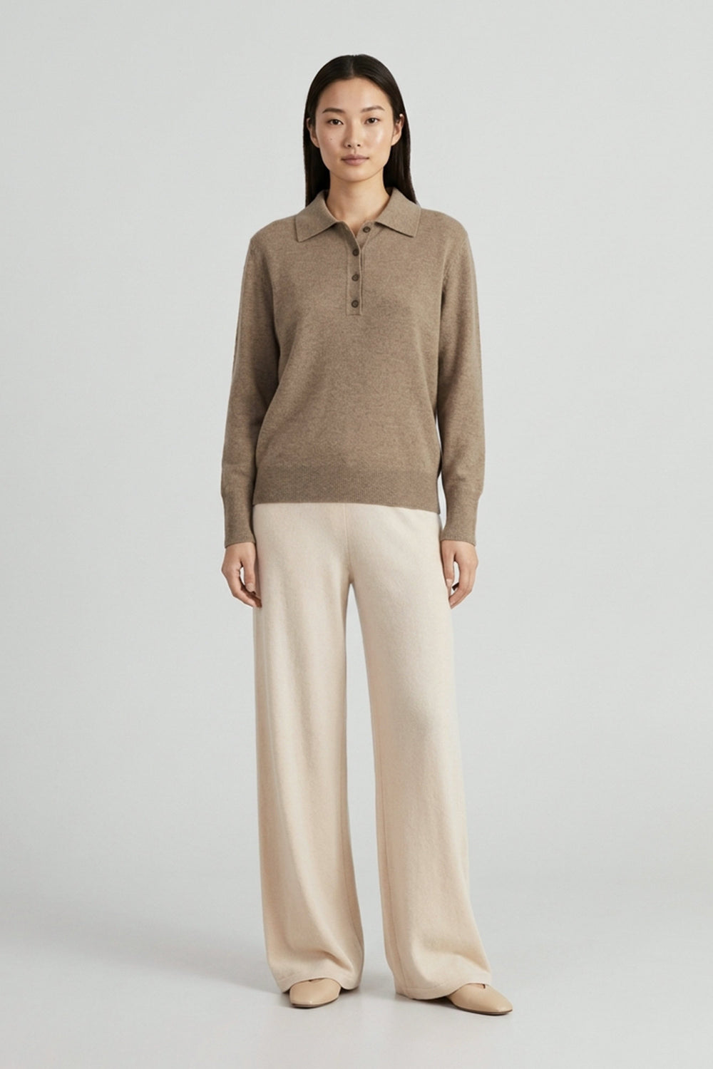 Polo in Maglia Rasata in Puro Cashmere Dune