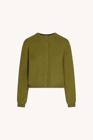 Olive Green Pure Cashmere Crew Neck Mini Cardigan