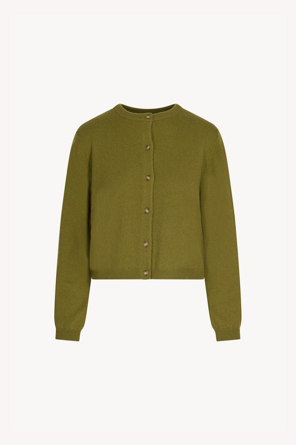 Olive Green Pure Cashmere Crew Neck Mini Cardigan