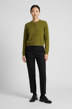 Olive Green Pure Cashmere Crew Neck Mini Cardigan