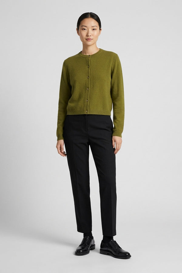 Olive Green Pure Cashmere Crew Neck Mini Cardigan