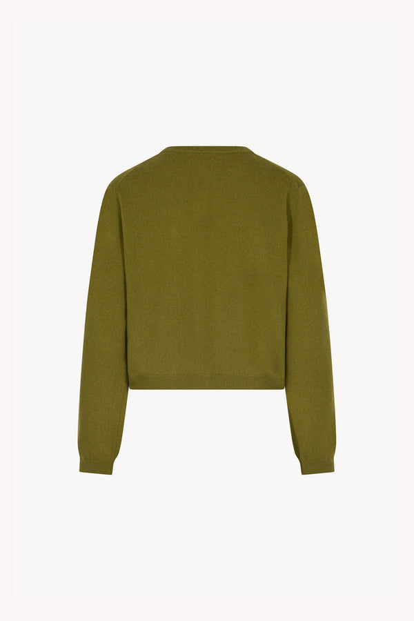 Olive Green Pure Cashmere Crew Neck Mini Cardigan