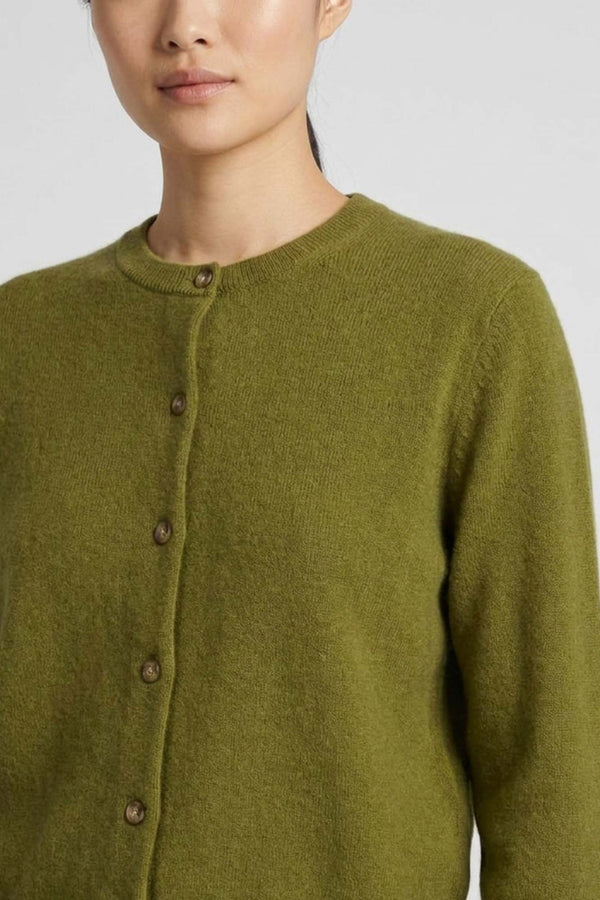 Olive Green Pure Cashmere Crew Neck Mini Cardigan