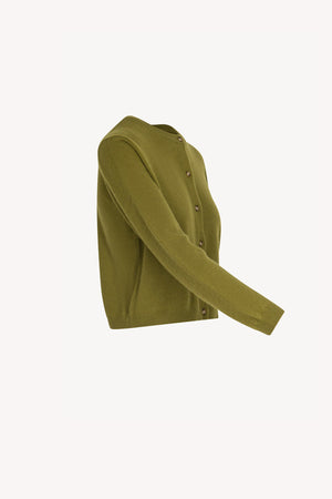 Olive Green Pure Cashmere Crew Neck Mini Cardigan