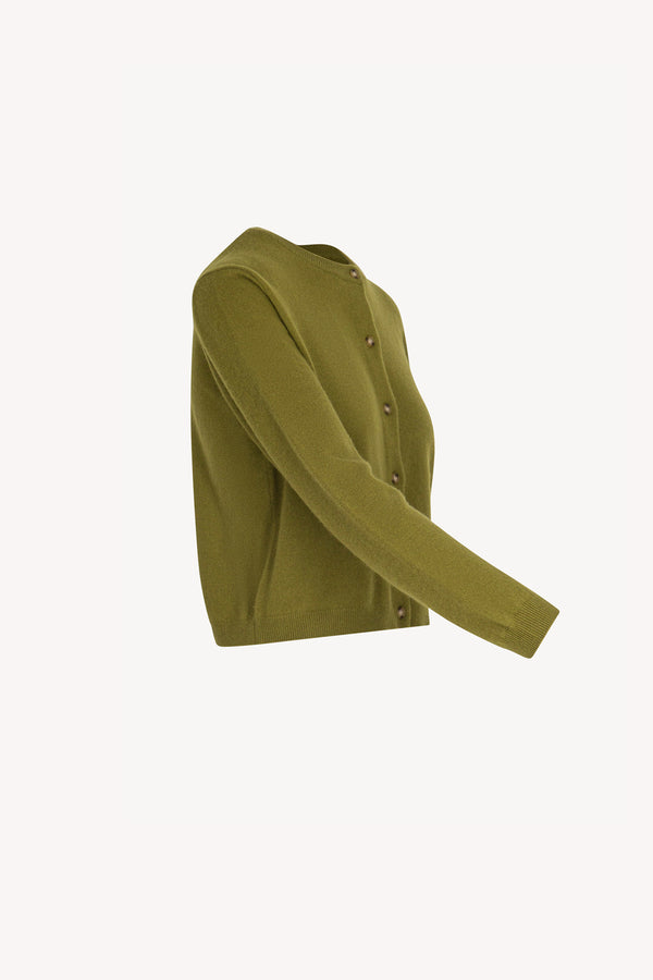 Olive Green Pure Cashmere Crew Neck Mini Cardigan