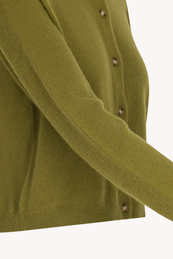 Olive Green Pure Cashmere Crew Neck Mini Cardigan