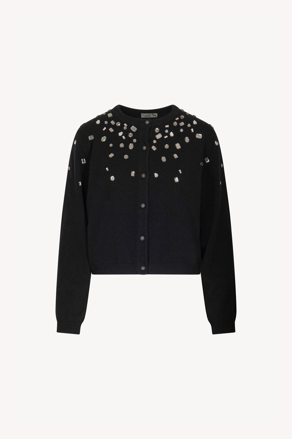 Mini Cardigan Girocollo con Strass in Puro Cashmere Nero