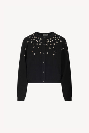Black Pure Cashmere Crew Neck Mini Cardigan with Rhinestones