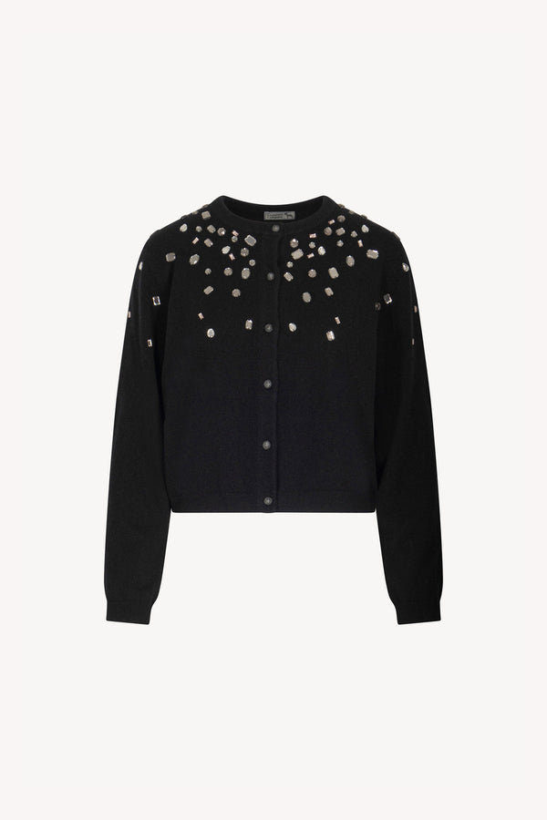 Black Pure Cashmere Crew Neck Mini Cardigan with Rhinestones