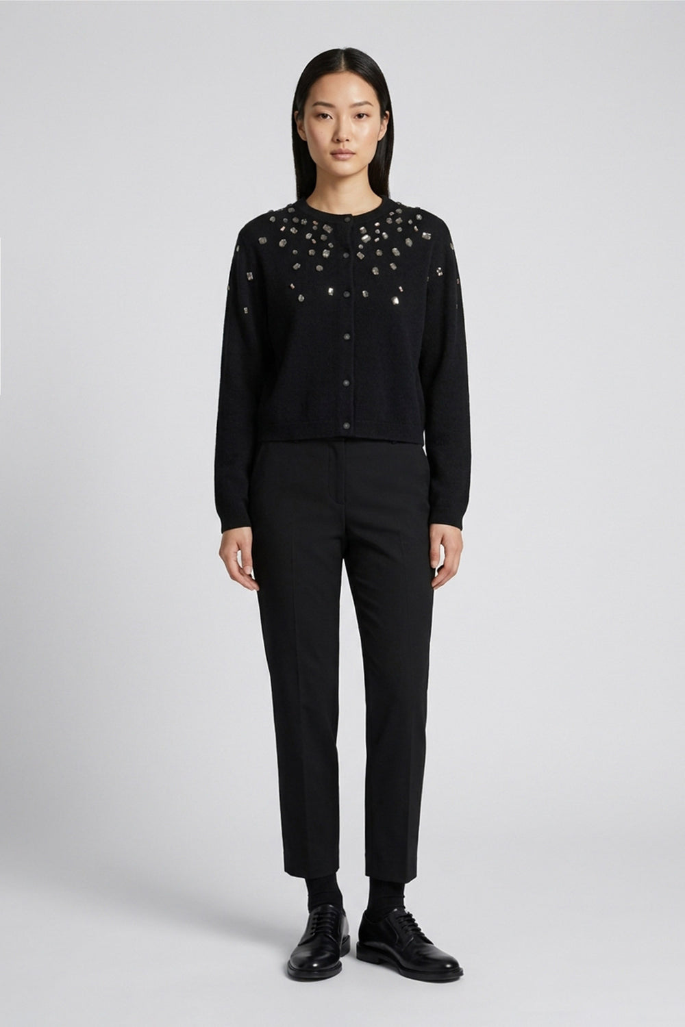 Mini Cardigan Girocollo con Strass in Puro Cashmere Nero