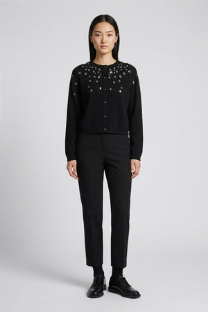 Black Pure Cashmere Crew Neck Mini Cardigan with Rhinestones