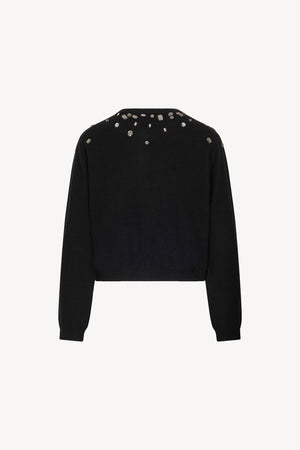 Black Pure Cashmere Crew Neck Mini Cardigan with Rhinestones