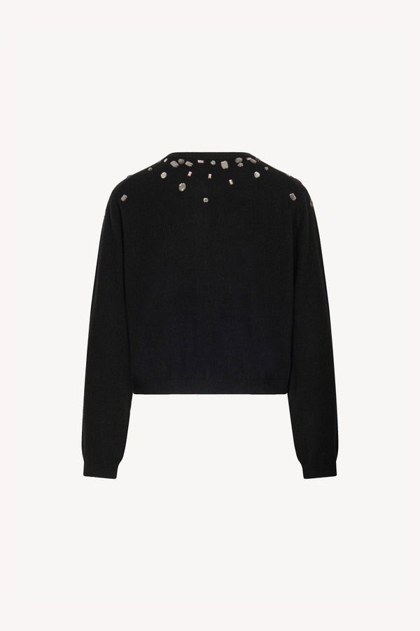 Black Pure Cashmere Crew Neck Mini Cardigan with Rhinestones