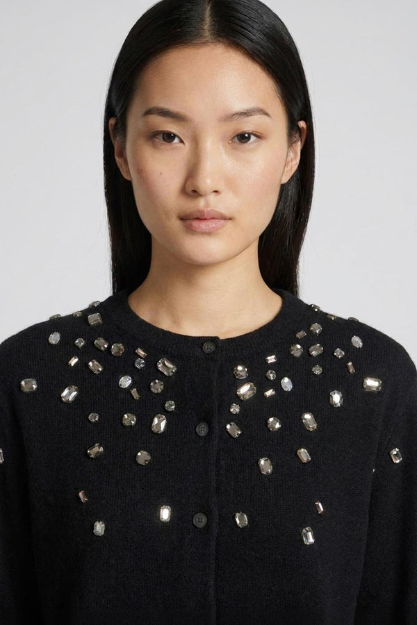 Black Pure Cashmere Crew Neck Mini Cardigan with Rhinestones