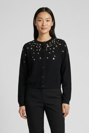 Black Pure Cashmere Crew Neck Mini Cardigan with Rhinestones